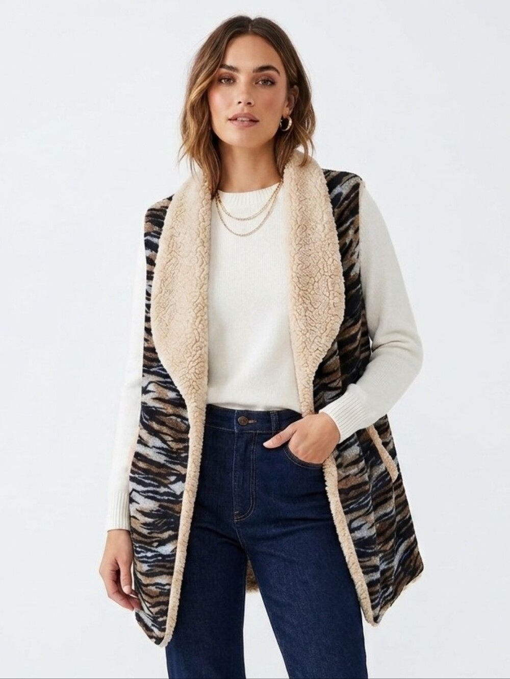 Bijorca Animal Print Knit Sherpa Open Vest Brown Tan Medium